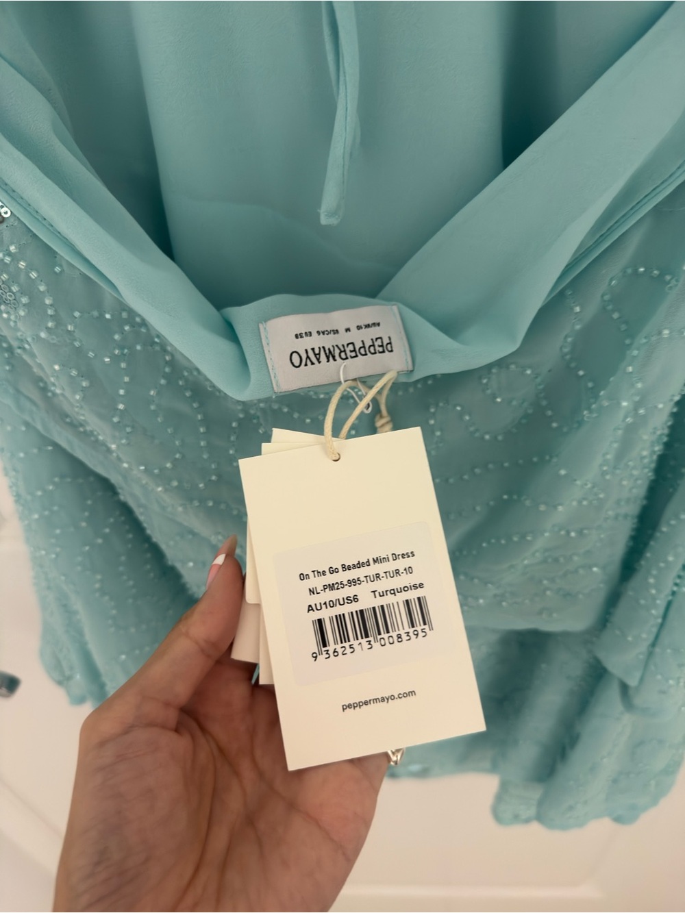 Beaded Halterneck Mini Dress in Turquoise - Picture 3 of 4